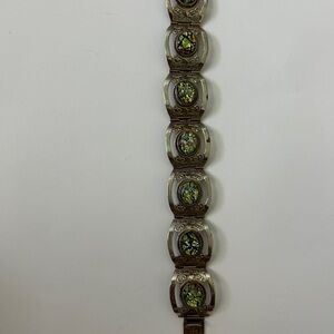 Vintage Hecho En Mexico Silver Bracelet with Green Faux Opal Abalone Inlays